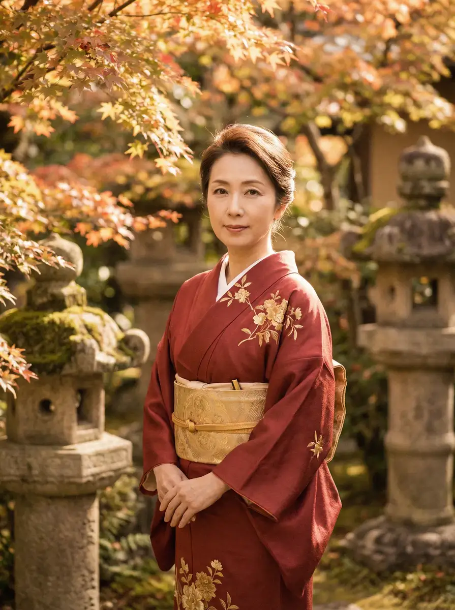一位身穿暗红色和服的优雅 原神本子 在日式庭院中