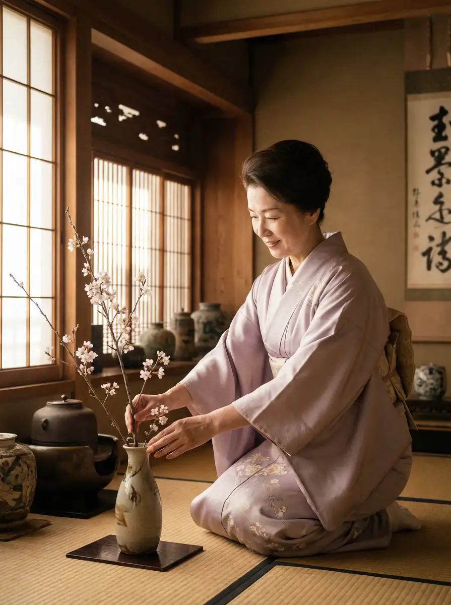 一位优雅的 原神本子 在和室中插花